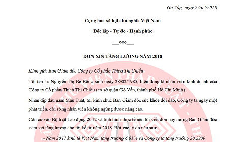 Mẫu đơn xin tăng lương năm 2018